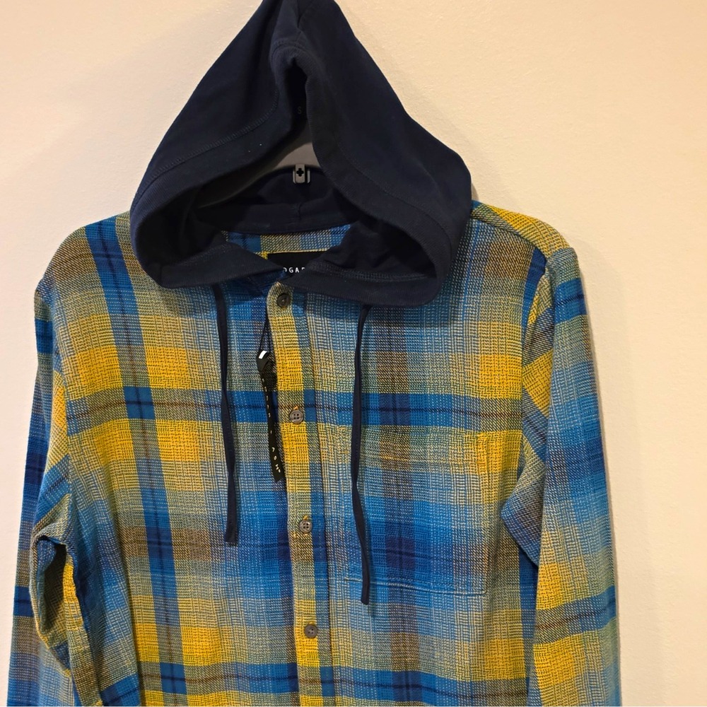 Edgar + Ash Men's Blue/Yellow Plaid Flannel Hooded Button Front Hoodie S #295